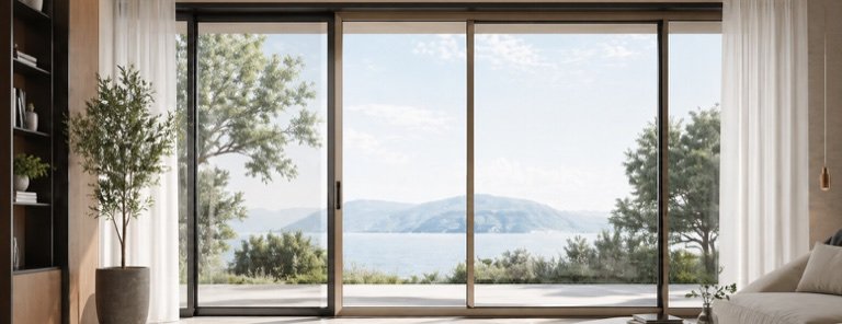 Conceptual aluminium sliding opening with slim dark frames and a wide glazed view