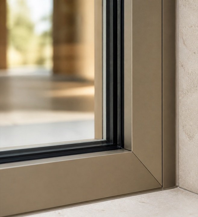 Conceptual close-up of a champagne aluminium frame meeting architectural glass