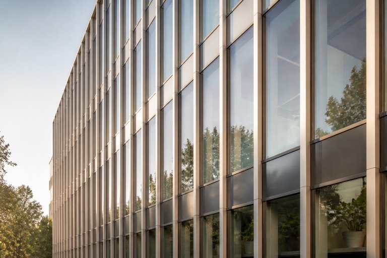 Conceptual contemporary curtain-wall composition with disciplined vertical modules